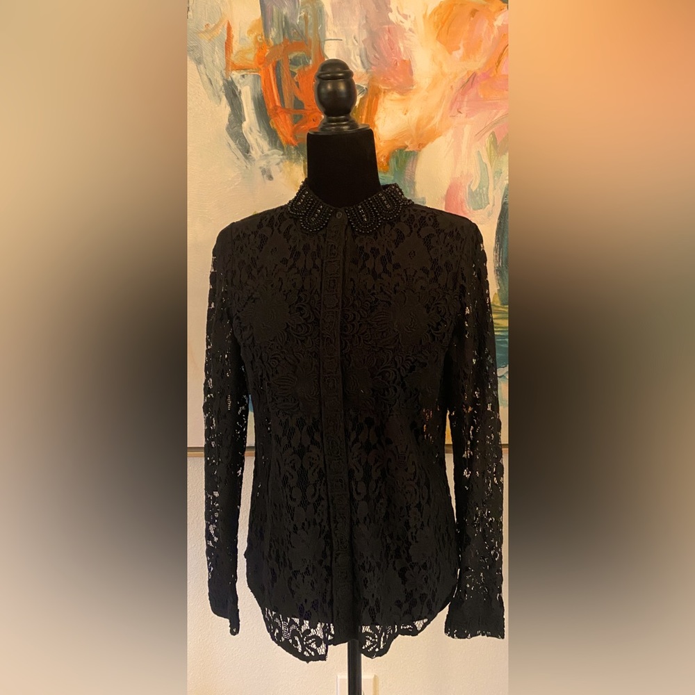 NWT Elie Tahari black lace top + black camisole & black crystals & black beads.